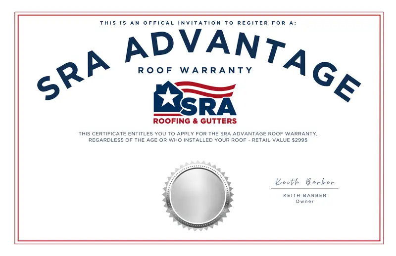 SRA Advantage Roof Warranty invitation certificate, signed by owner Keith Barber